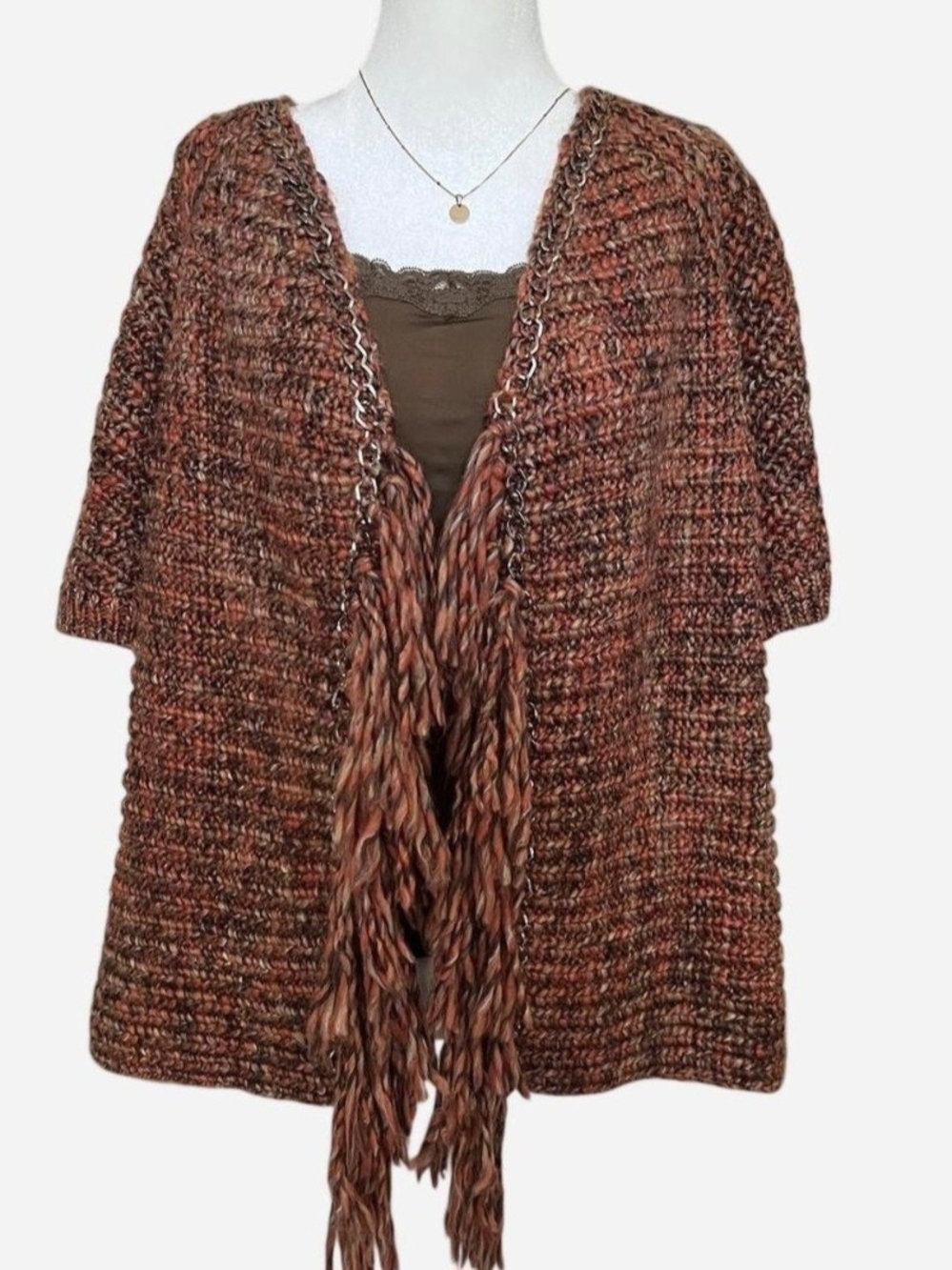 Fringed Open-Front Knit Cardigan - Rust Brown